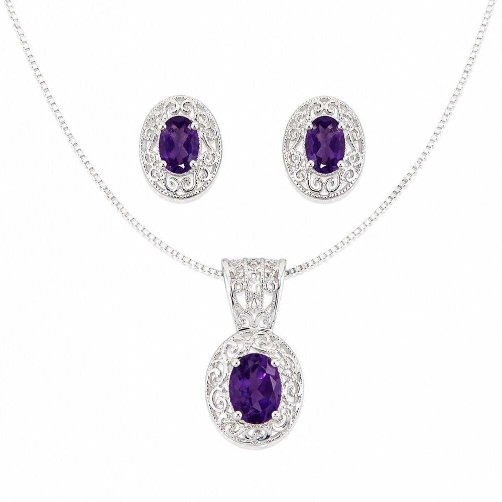 925 Sterling Silver Amethyst Jewelry Set Necklace & Stud Earrings Filigree New